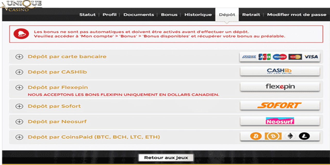 Comment déposer sur Unique Casino
